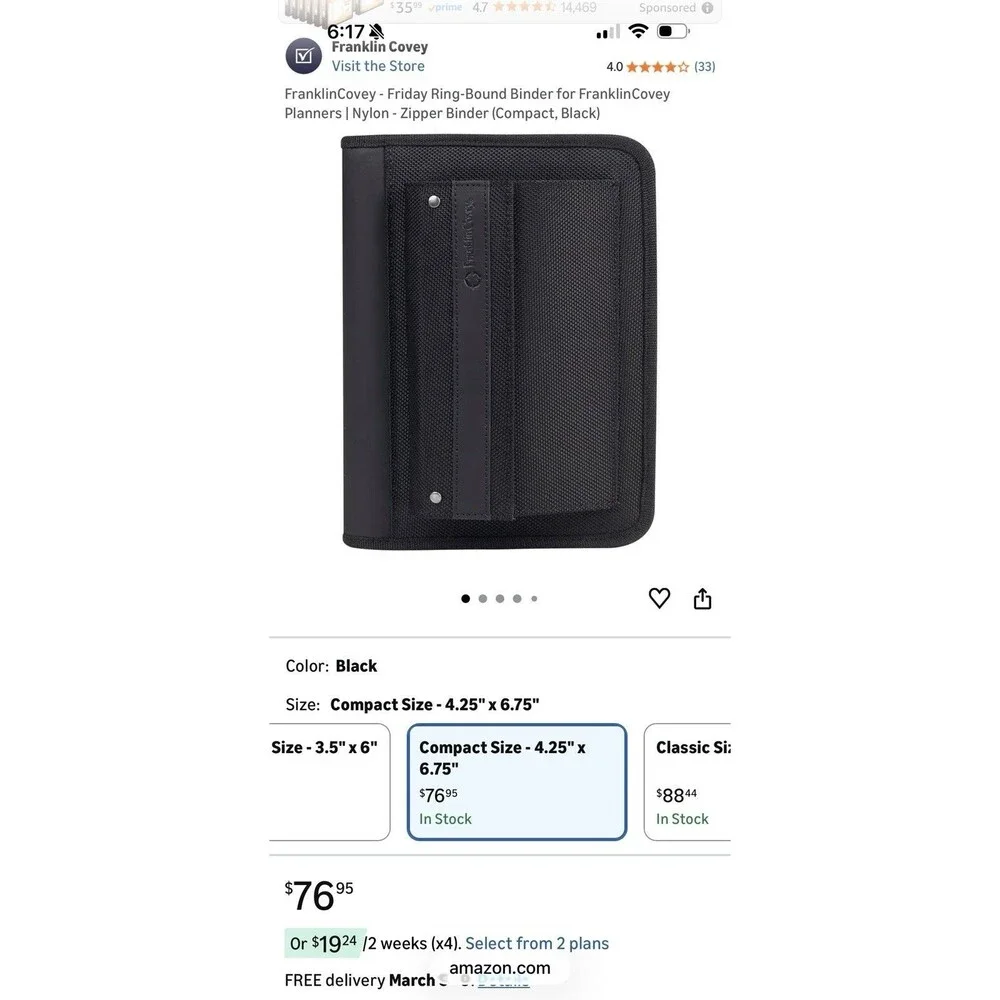 NEW Franklin compact Planner Black Zippered Binder with Card Holder & Pockets